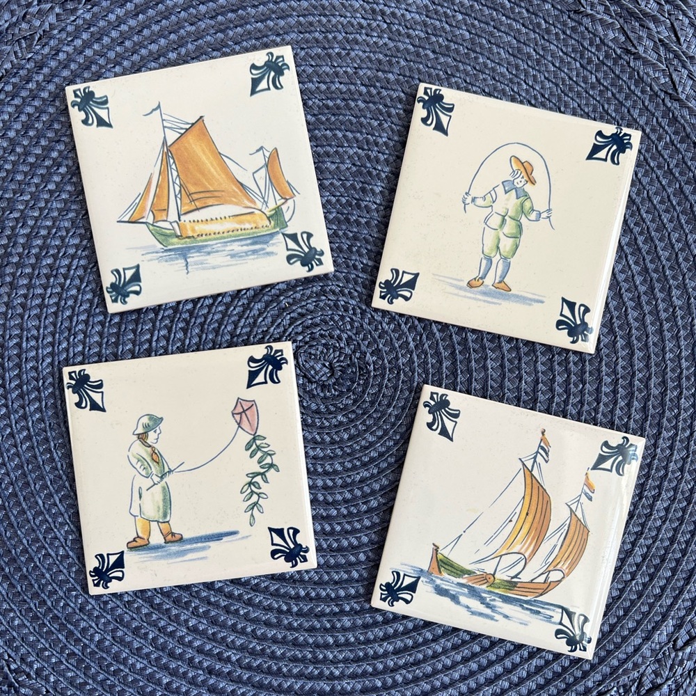 Set of 4 Delft Dutch Collectable Vintage Ceramic Tile Coasters by KLM.
